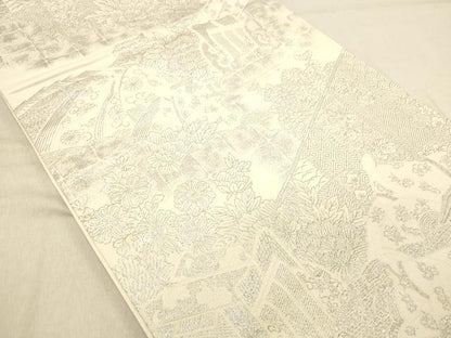 平和屋着物◎両面 六通柄袋帯 九百紋織錦 風景花文 金銀糸 正絹 逸品 DABB9466ya