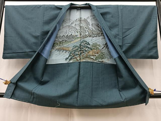 平和屋着物●男性　紬　アンサンブル　霞文　鉄御納戸色　正絹　逸品　未使用　BAAW2587yc