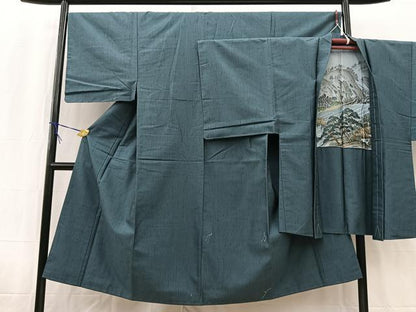 平和屋着物●男性　紬　アンサンブル　霞文　鉄御納戸色　正絹　逸品　未使用　BAAW2587yc