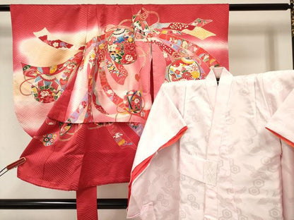 平和屋着物[]七五三　女の子　３歳　祝着　三つ身　長襦袢(袷)セット　熨斗　鞠仕覆花文　暈し染め　金銀彩　逸品　DABA3955ma