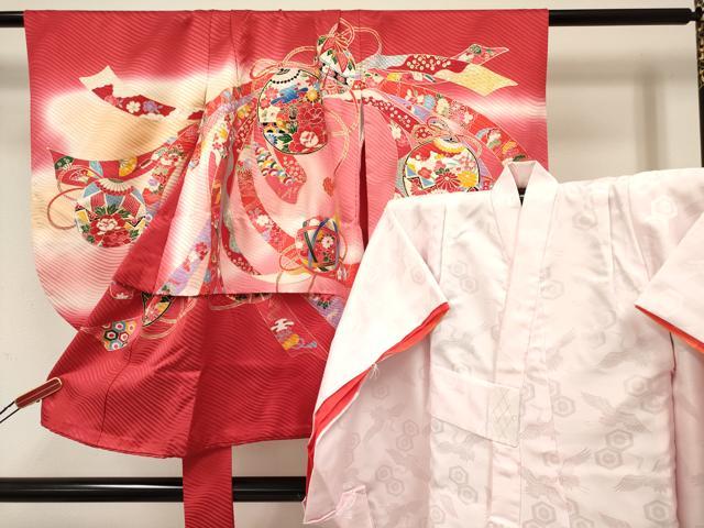 平和屋着物[]七五三　女の子　３歳　祝着　三つ身　長襦袢(袷)セット　熨斗　鞠仕覆花文　暈し染め　金銀彩　逸品　DABA3955ma