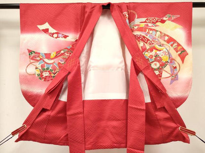 平和屋着物[]七五三　女の子　３歳　祝着　三つ身　長襦袢(袷)セット　熨斗　鞠仕覆花文　暈し染め　金銀彩　逸品　DABA3955ma