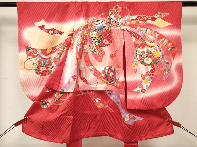 平和屋着物[]七五三　女の子　３歳　祝着　三つ身　長襦袢(袷)セット　熨斗　鞠仕覆花文　暈し染め　金銀彩　逸品　DABA3955ma