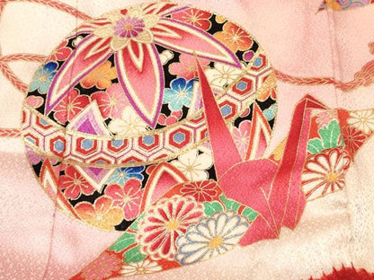 平和屋着物[]七五三　女の子　３歳　祝着　三つ身　襦袢付き　絞り　折り鶴　鞠花文　暈し染め　金彩　逸品　DABA3961ma