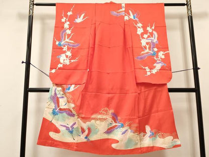 平和屋着物[]七五三　女の子　７歳　祝着　四つ身　立波飛鶴文　金彩　逸品　DABA3965ma