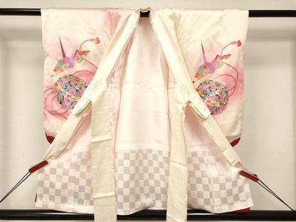 平和屋着物[]七五三　女の子　３歳　祝着　三つ身　襦袢付き　絞り　折り鶴　鞠花文　暈し染め　金彩　逸品　DABA3961ma