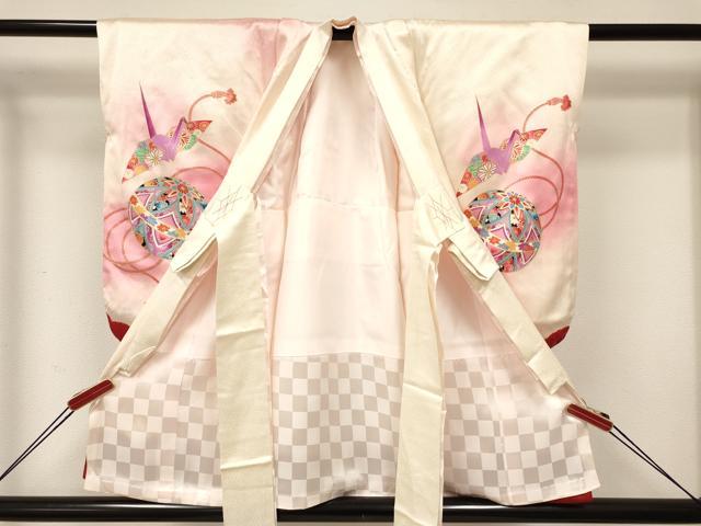 平和屋着物[]七五三　女の子　３歳　祝着　三つ身　襦袢付き　絞り　折り鶴　鞠花文　暈し染め　金彩　逸品　DABA3961ma