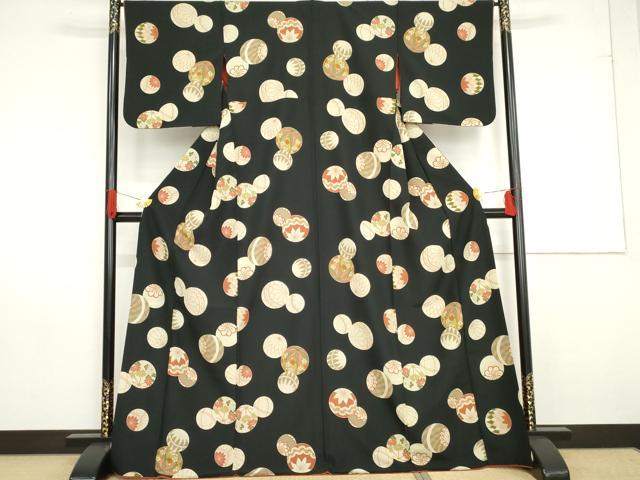 平和屋着物●小紋　花毬文　黒地　洗える着物　AABG0382cs
