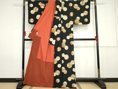 平和屋着物●小紋　花毬文　黒地　洗える着物　AABG0382cs