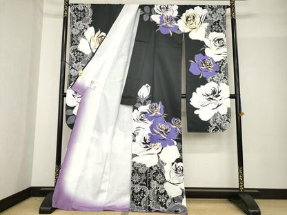 平和屋着物●H・L（アッシュエル）　HENRI-LUC CHAPUIS　振袖　薔薇　バラ　ロング丈　洗える着物　未使用　AABG0810ck