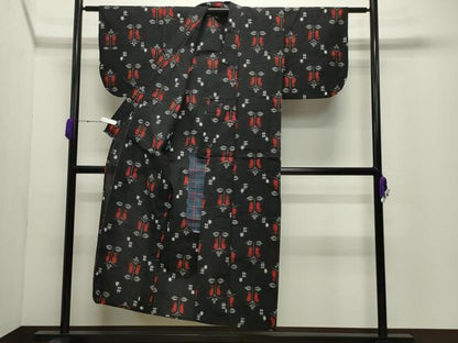 平和屋着物●久留米絣　単衣　草花文　綿　逸品　CABC8147gh