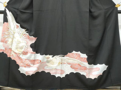 平和屋着物■豪華黒留袖 刺繍 尾長鳥吉祥文 銀彩 正絹 逸品 CABC8985fb
