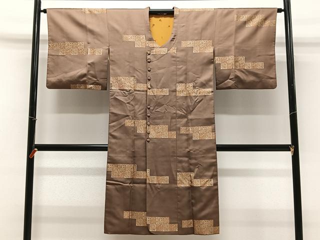 平和屋着物∞道行コート　お召地　市松花鳥文　ロング丈　正絹　逸品　CABC3196ua