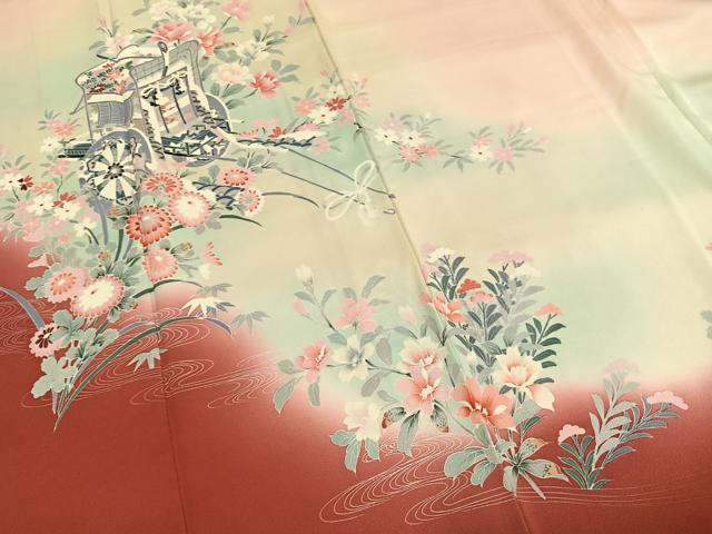平和屋着物●豪華振袖　紅型　風景鴛鴦花蝶文　暈し染め　正絹　逸品　AABE7753ck 平和屋着物□豪華振袖 流水鴛鴦花文 暈し染め 金彩 正絹 逸品