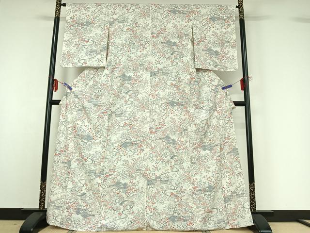 平和屋着物▽上質な小紋 単衣 風景花文 正絹 逸品 AABG0934jh