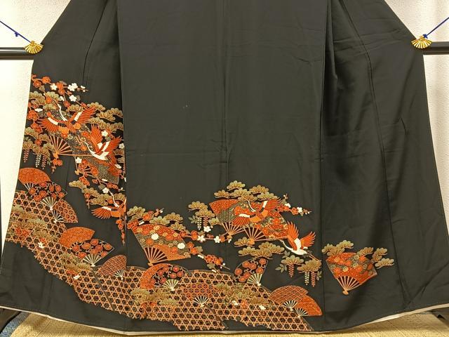 平和屋着物■豪華黒留袖　扇面飛鶴有職花文　金彩　正絹　逸品　BAAW5588hj