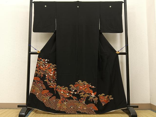 平和屋着物■豪華黒留袖　扇面飛鶴有職花文　金彩　正絹　逸品　BAAW5588hj