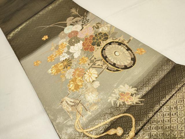 平和屋着物▼佐賀錦　太鼓柄袋帯　駒刺繍　花車文　金糸　正絹　逸品　AABF7508wj