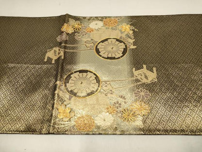 平和屋着物▼佐賀錦　太鼓柄袋帯　駒刺繍　花車文　金糸　正絹　逸品　AABF7508wj