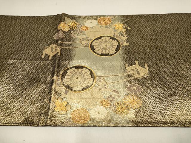 平和屋着物▼佐賀錦　太鼓柄袋帯　駒刺繍　花車文　金糸　正絹　逸品　AABF7508wj