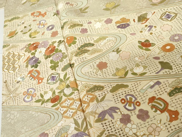 平和屋着物●総刺繍 訪問着 駒刺繍 中国三大刺繍 スワトウ刺繍 汕頭刺繍 流水吉祥草花文 金銀糸 金彩 正絹 逸品 AABG0394cs