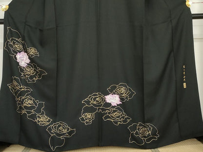 平和屋着物●友禅作家 大槻純 訪問着 舞花文 バラ 薔薇 黒地 金銀彩 さが美扱い 正絹 逸品 AABG0396cs
