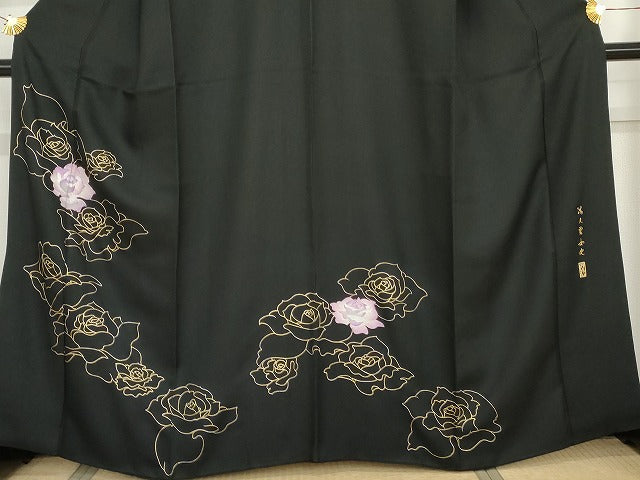 平和屋着物●友禅作家 大槻純 訪問着 舞花文 バラ 薔薇 黒地 金銀彩 さが美扱い 正絹 逸品 AABG0396cs