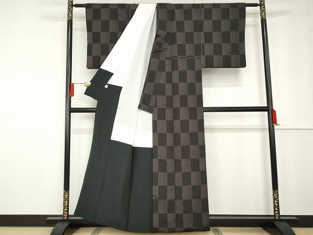 平和屋着物●本塩沢 市松文様 正絹 逸品 AABG0400cs