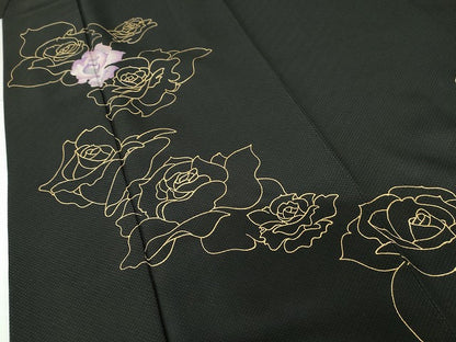 平和屋着物●友禅作家 大槻純 訪問着 舞花文 バラ 薔薇 黒地 金銀彩 さが美扱い 正絹 逸品 AABG0396cs