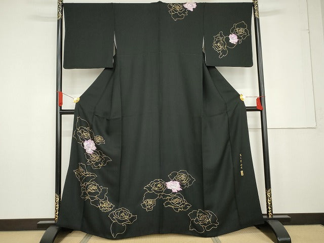 平和屋着物●友禅作家 大槻純 訪問着 舞花文 バラ 薔薇 黒地 金銀彩 さが美扱い 正絹 逸品 AABG0396cs