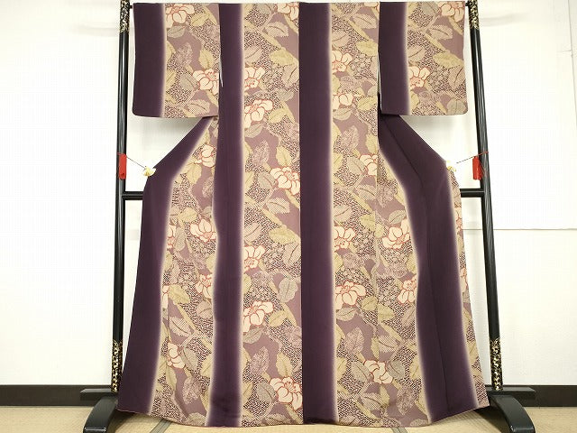 平和屋着物●摺型友禅 京都 多ち花 小紋 鹿の子椿間道 暈し染め 鬼しぼ縮緬 正絹 逸品 AABG0395cs