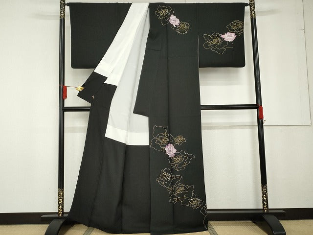 平和屋着物●友禅作家 大槻純 訪問着 舞花文 バラ 薔薇 黒地 金銀彩 さが美扱い 正絹 逸品 AABG0396cs