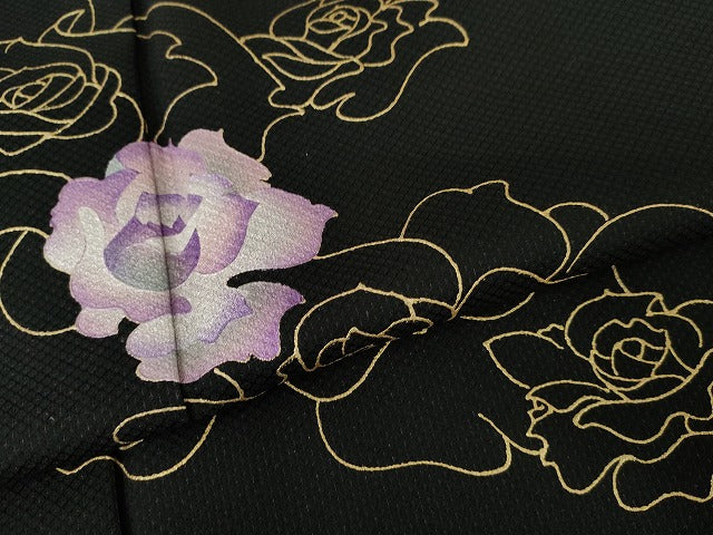 平和屋着物●友禅作家 大槻純 訪問着 舞花文 バラ 薔薇 黒地 金銀彩 さが美扱い 正絹 逸品 AABG0396cs