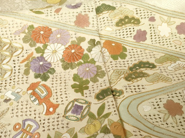 平和屋着物●総刺繍 訪問着 駒刺繍 中国三大刺繍 スワトウ刺繍 汕頭刺繍 流水吉祥草花文 金銀糸 金彩 正絹 逸品 AABG0394cs