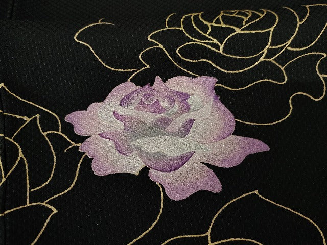 平和屋着物●友禅作家 大槻純 訪問着 舞花文 バラ 薔薇 黒地 金銀彩 さが美扱い 正絹 逸品 AABG0396cs