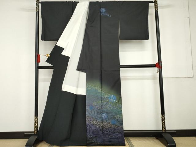 平和屋着物●本場大島紬　染大島　訪問着　絞り　雪輪流水花文　黒地　正絹　逸品　AABG2713cs
