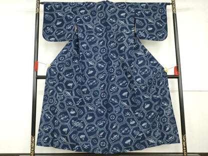 平和屋着物●久留米絣　単衣　亀甲吉祥文　綿　逸品　AABG2708cs