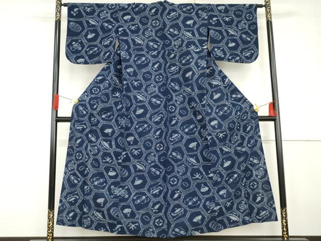 平和屋着物●久留米絣　単衣　亀甲吉祥文　綿　逸品　AABG2708cs