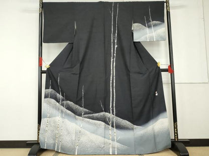 平和屋着物●石川県指定無形文化財 牛首紬 白山工房 手織り 現代の名工 京友禅 村田道宣 訪問着 重ね山枝木文 黒地 正絹 逸品 AABG2698cs