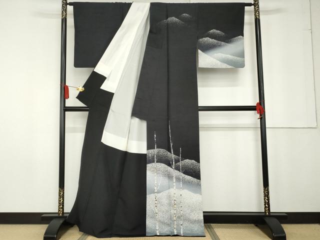 平和屋着物●石川県指定無形文化財 牛首紬 白山工房 手織り 現代の名工 京友禅 村田道宣 訪問着 重ね山枝木文 黒地 正絹 逸品 AABG2698cs