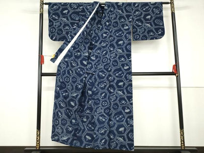 平和屋着物●久留米絣　単衣　亀甲吉祥文　綿　逸品　AABG2708cs