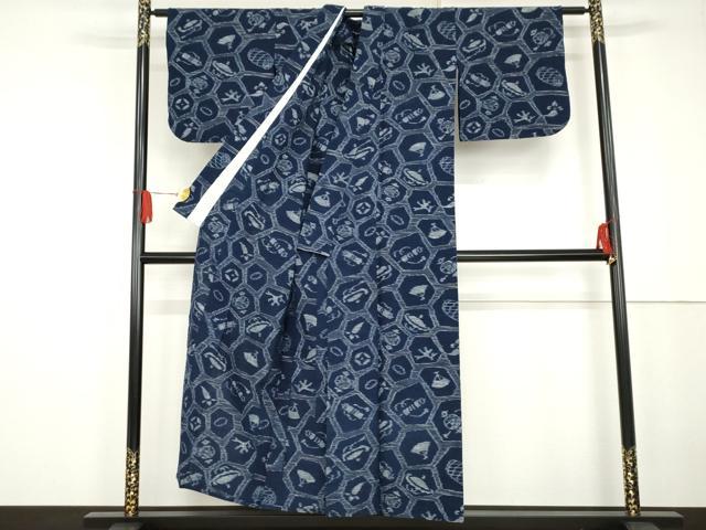 平和屋着物●久留米絣　単衣　亀甲吉祥文　綿　逸品　AABG2708cs