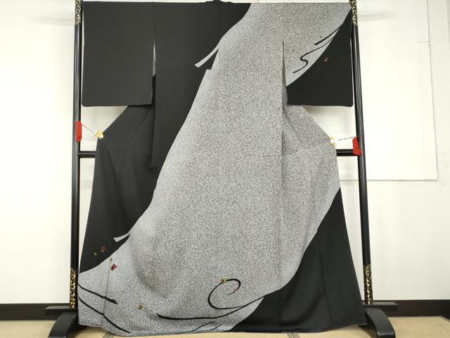平和屋着物●訪問着　刺繍　黒地　金彩　蒔糊流水色紙文　正絹　逸品　AABG2704cs
