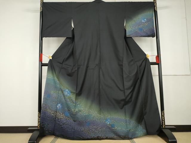平和屋着物●本場大島紬　染大島　訪問着　絞り　雪輪流水花文　黒地　正絹　逸品　AABG2713cs