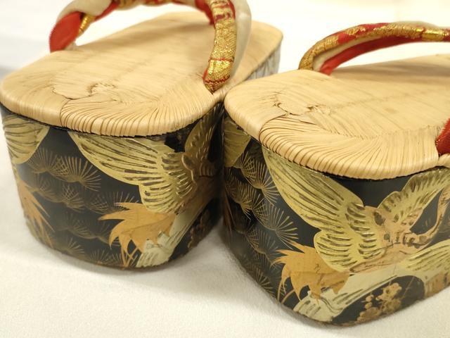 平和屋着物[]和装小物　子供　ぽっくり下駄　こっぽり・おこぼ下駄　畳表　金蒔絵　松竹梅 群れ鶴　箱付き　逸品　DABC1278zzz