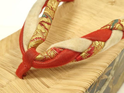 平和屋着物[]和装小物　子供　ぽっくり下駄　こっぽり・おこぼ下駄　畳表　金蒔絵　松竹梅 群れ鶴　箱付き　逸品　DABC1278zzz