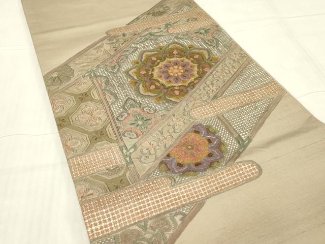 平和屋着物●中国三大刺繍　スワトウ刺繍　汕頭刺繍　相良刺繍　総刺繍　太鼓柄袋帯　紬地　正倉院花文　正絹　逸品　DABA4965az