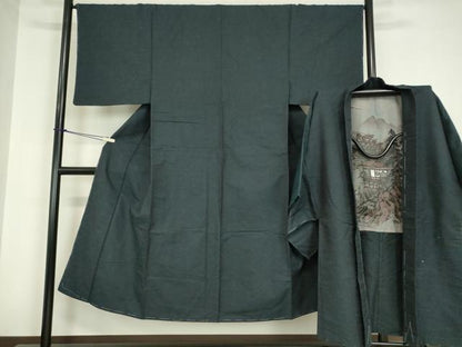 平和屋着物●男性　紬　アンサンブル　長羽織　霞文　正絹　逸品　DABC3038az
