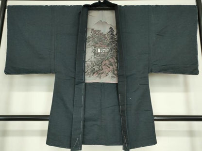 平和屋着物●男性　紬　アンサンブル　長羽織　霞文　正絹　逸品　DABC3038az