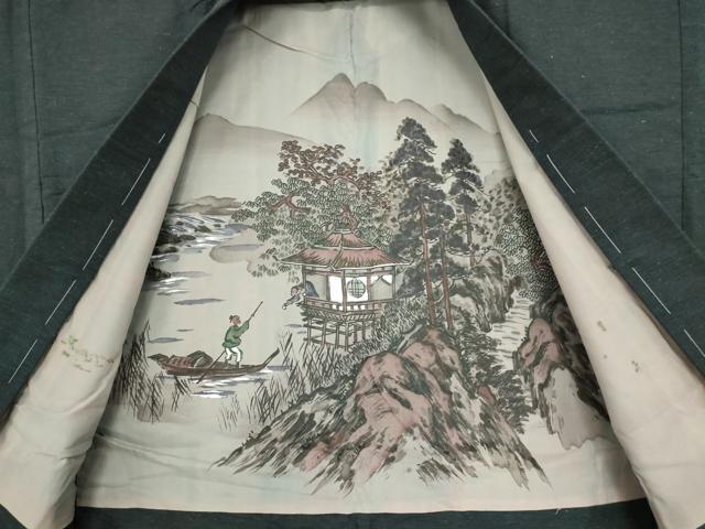 平和屋着物●男性　紬　アンサンブル　長羽織　霞文　正絹　逸品　DABC3038az